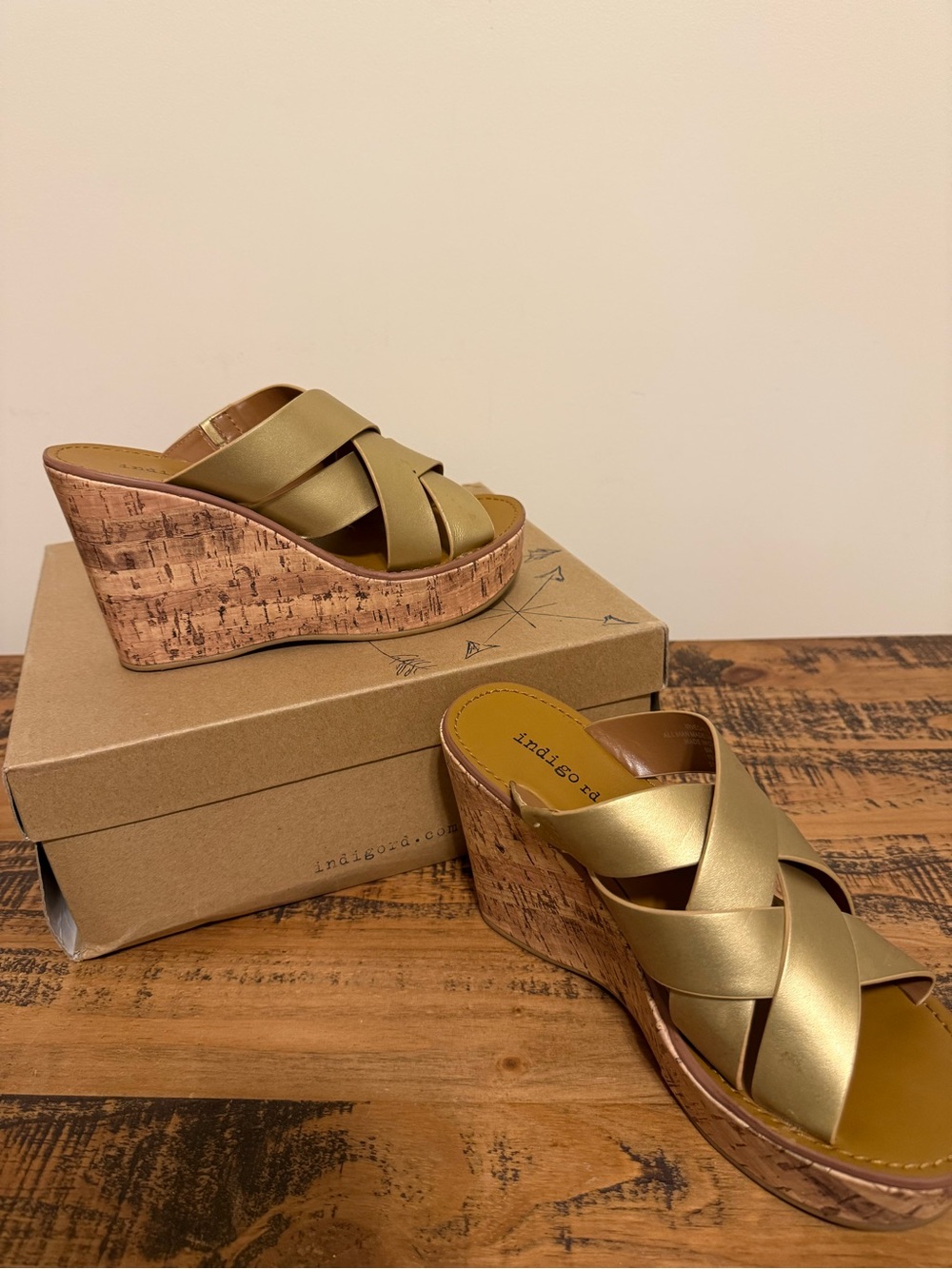 Indigo Metallic Gold Crisscross Cork Wedge Sandals